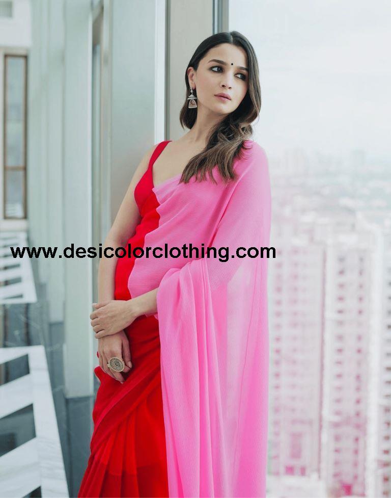 Alia Bhatt's Soft Georgette Red and Pink Saree